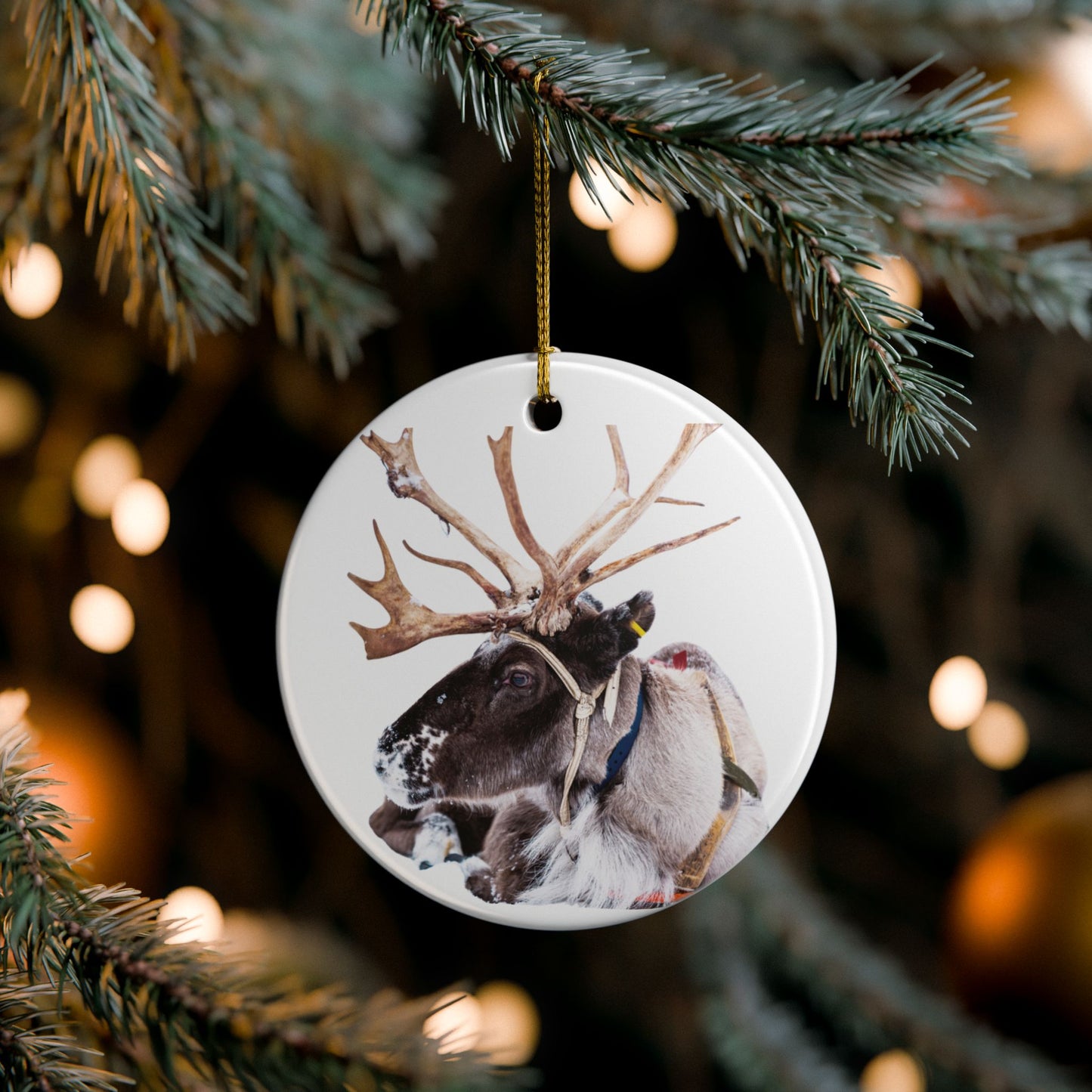 Reindeer Ceramic Christmas Ornament Rustic Holiday Decoration (2-Side Print)