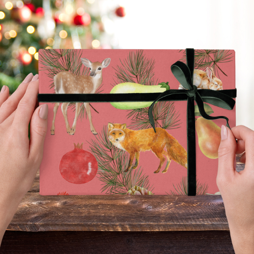 Wrapping Paper Nature's Party 30x180" Holiday Christmas Whimsical Winter Animals Fruits Vegetables Design