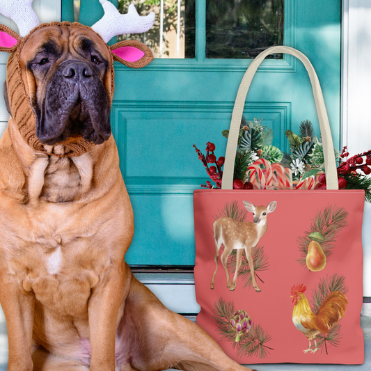 Whimsical Holiday Tote Bag — 'Nature's Party' Deer, Chicken & Pine Reusable Gift Bag