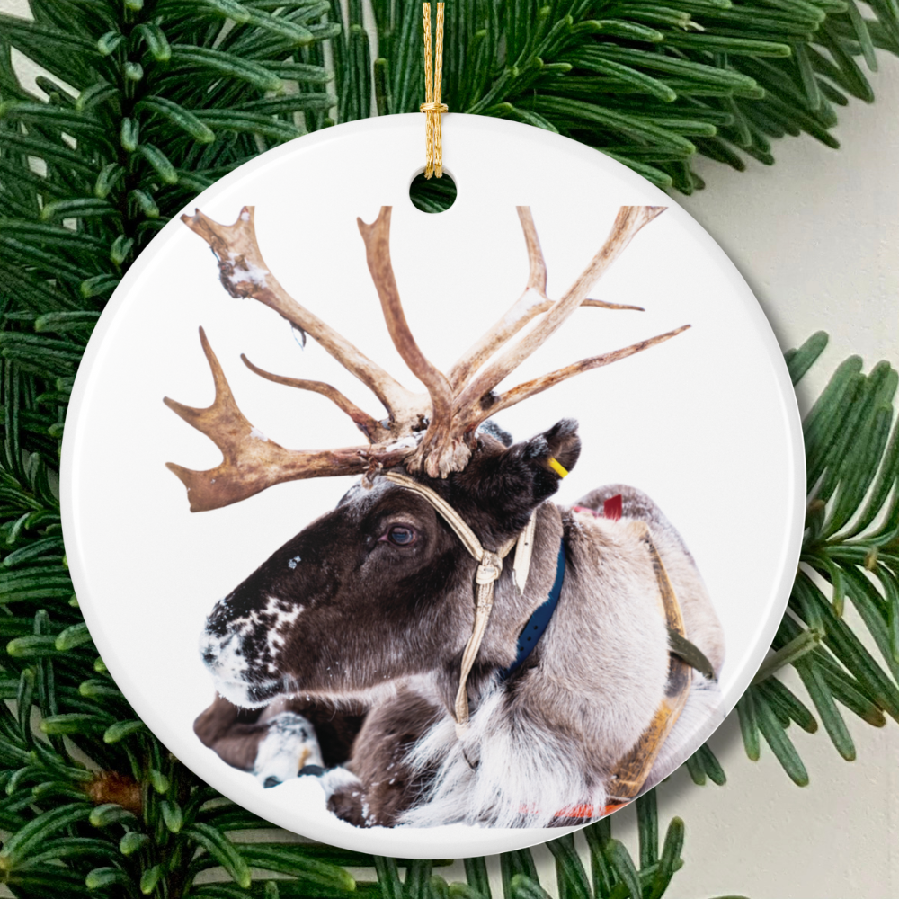 Reindeer Ceramic Christmas Ornament Rustic Holiday Decoration (2-Side Print)